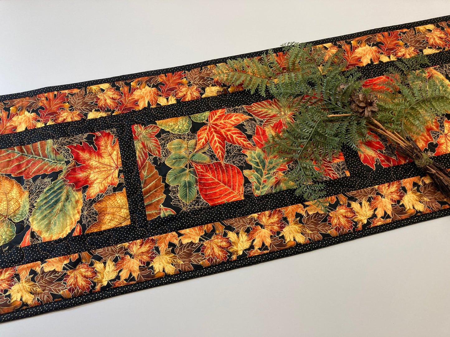 Golden Red Fall Leaves Quilted Table Runner, 14x49", Autumn Vibrant Leaf Decor, Coffee Dining Table, Long Thanksgiving Entertaining Handmade
