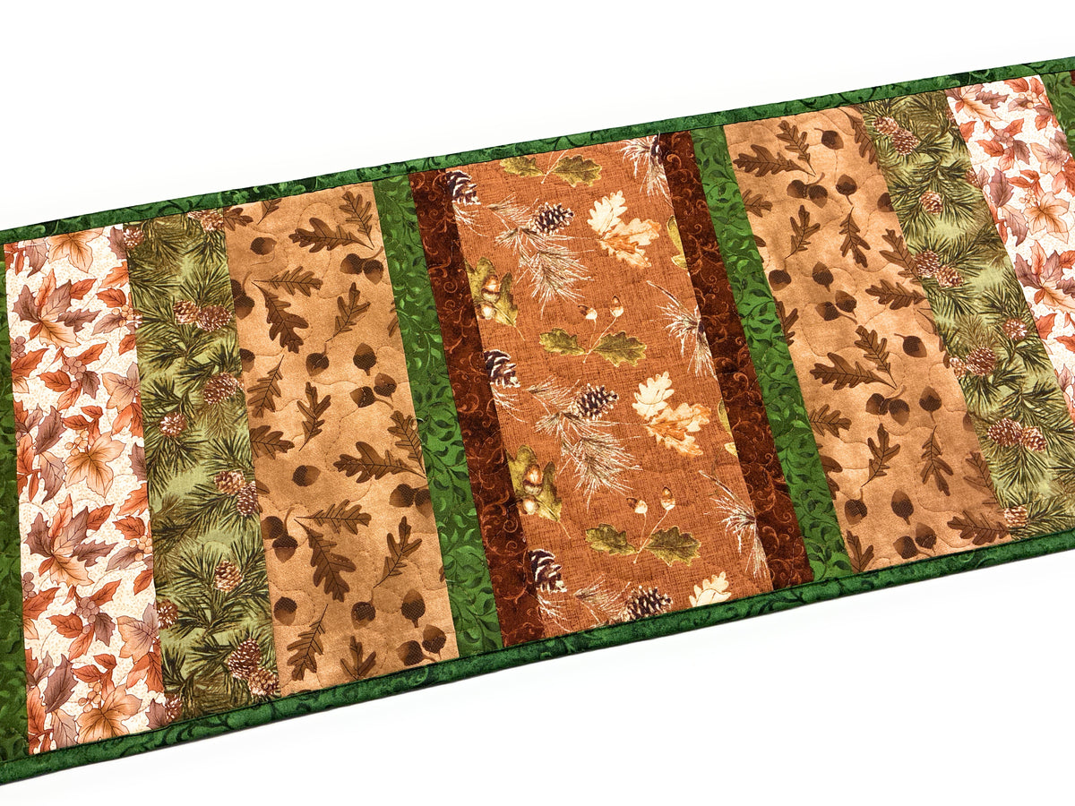 Pine Cones Acorns Leaves Quilted Dining or Coffee Table Runner, 14x54" Reversible Christmas Handmade