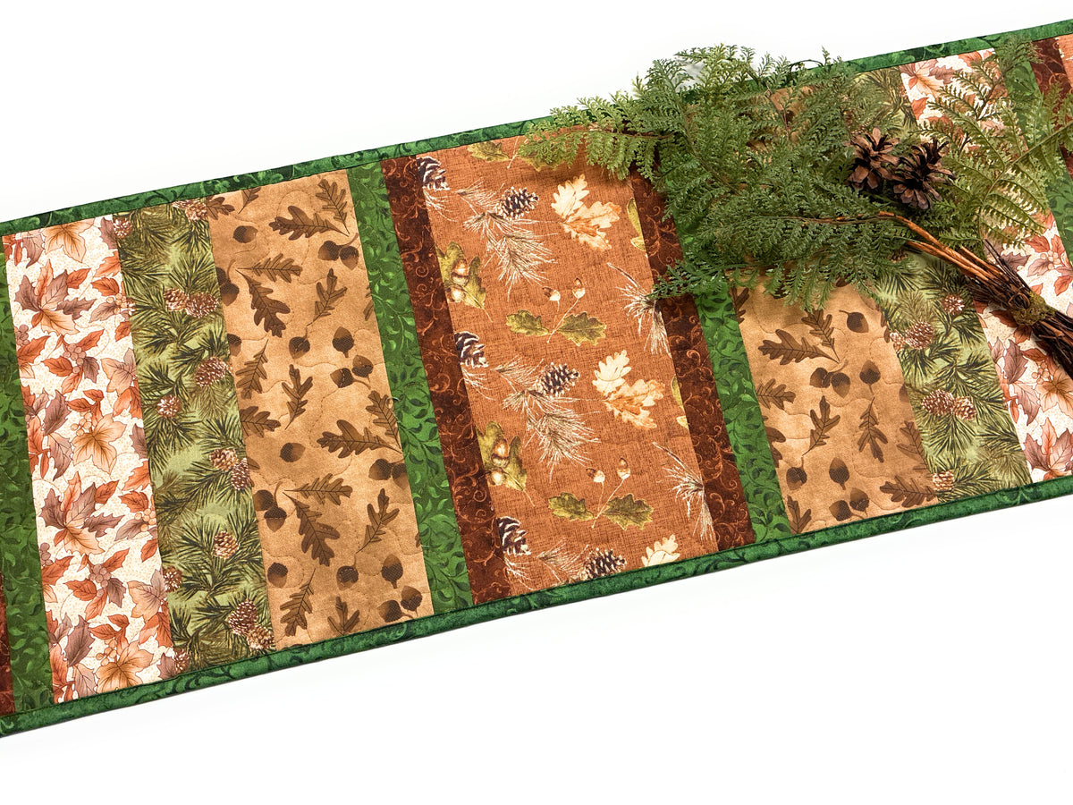 Pine Cones Acorns Leaves Quilted Dining or Coffee Table Runner, 14x54" Reversible Christmas Handmade