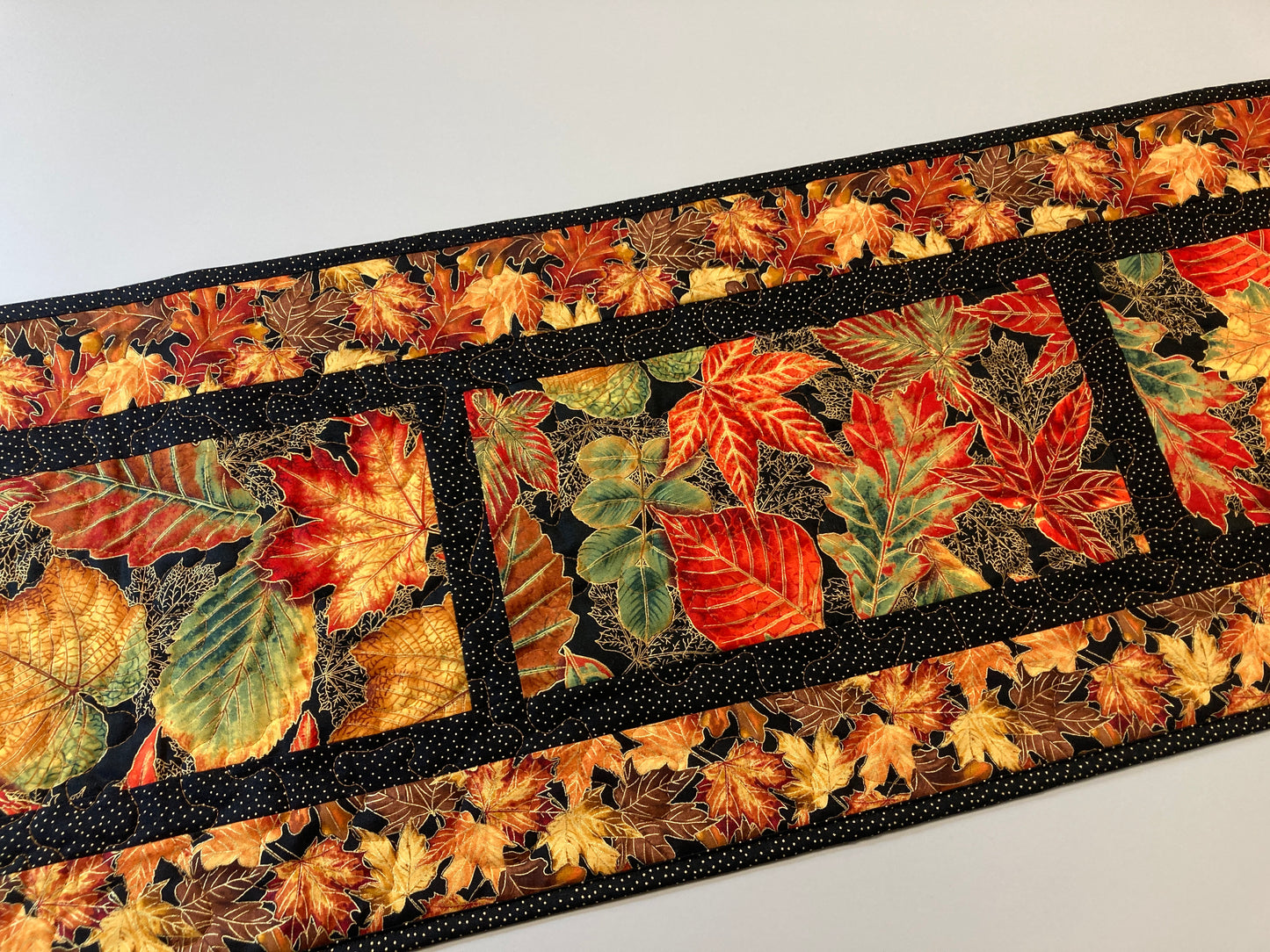 Golden Red Fall Leaves Quilted Table Runner, 14x49", Autumn Vibrant Leaf Decor, Coffee Dining Table, Long Thanksgiving Entertaining Handmade