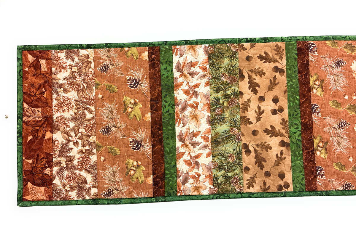 Pine Cones Acorns Leaves Quilted Dining or Coffee Table Runner, 14x54" Reversible Christmas Handmade