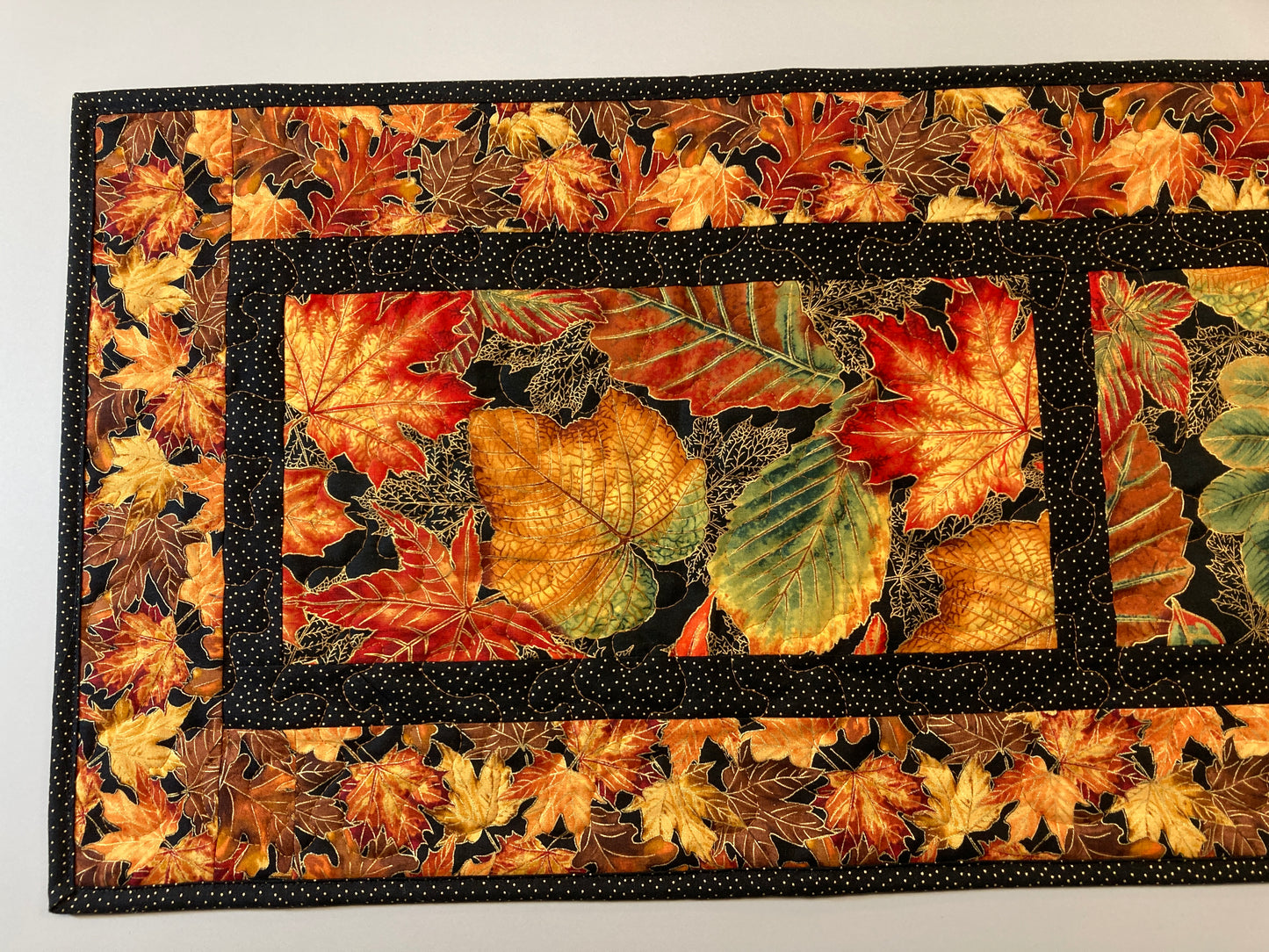 Golden Red Fall Leaves Quilted Table Runner, 14x49", Autumn Vibrant Leaf Decor, Coffee Dining Table, Long Thanksgiving Entertaining Handmade