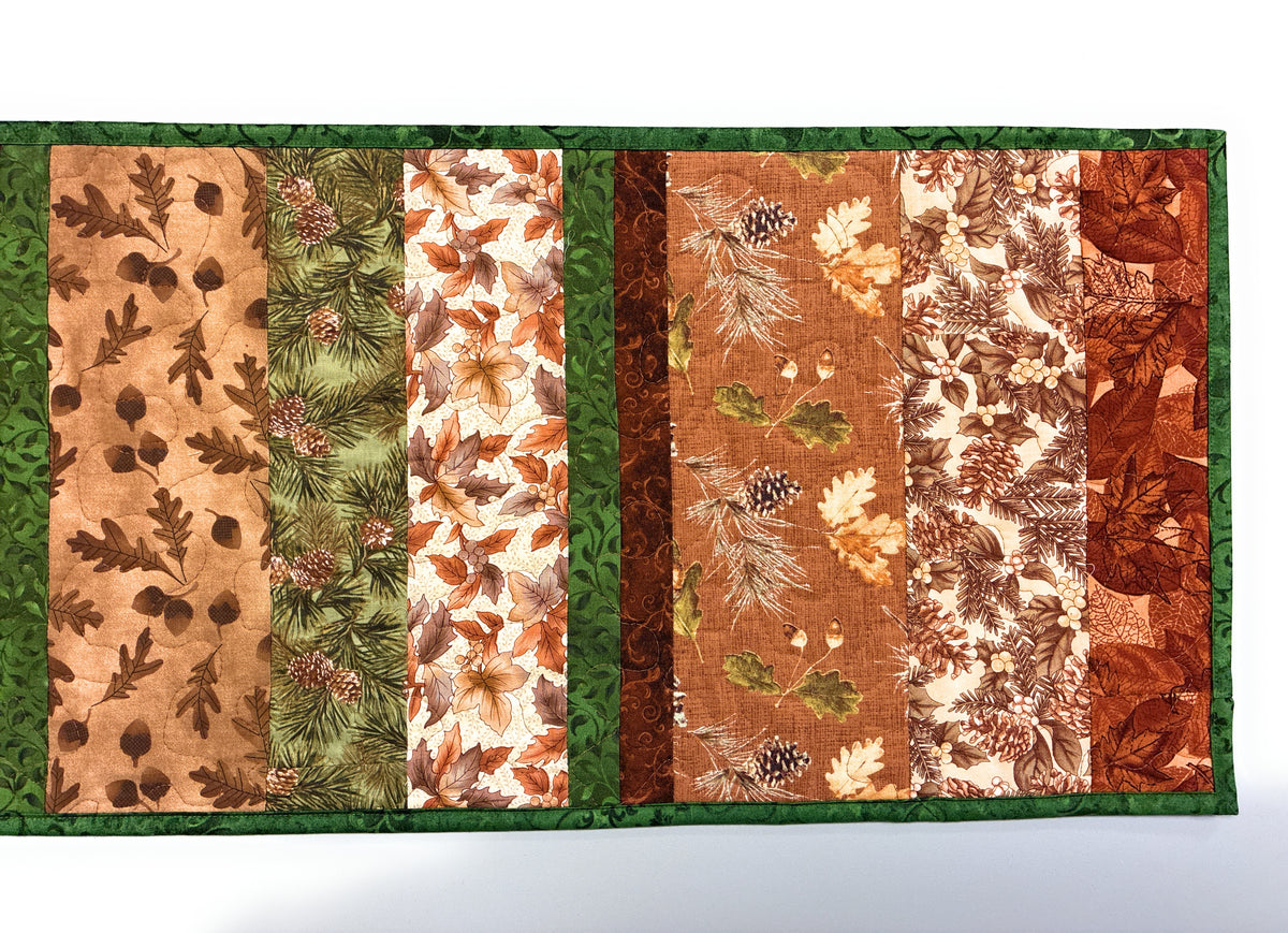 Pine Cones Acorns Leaves Quilted Dining or Coffee Table Runner, 14x54" Reversible Christmas Handmade