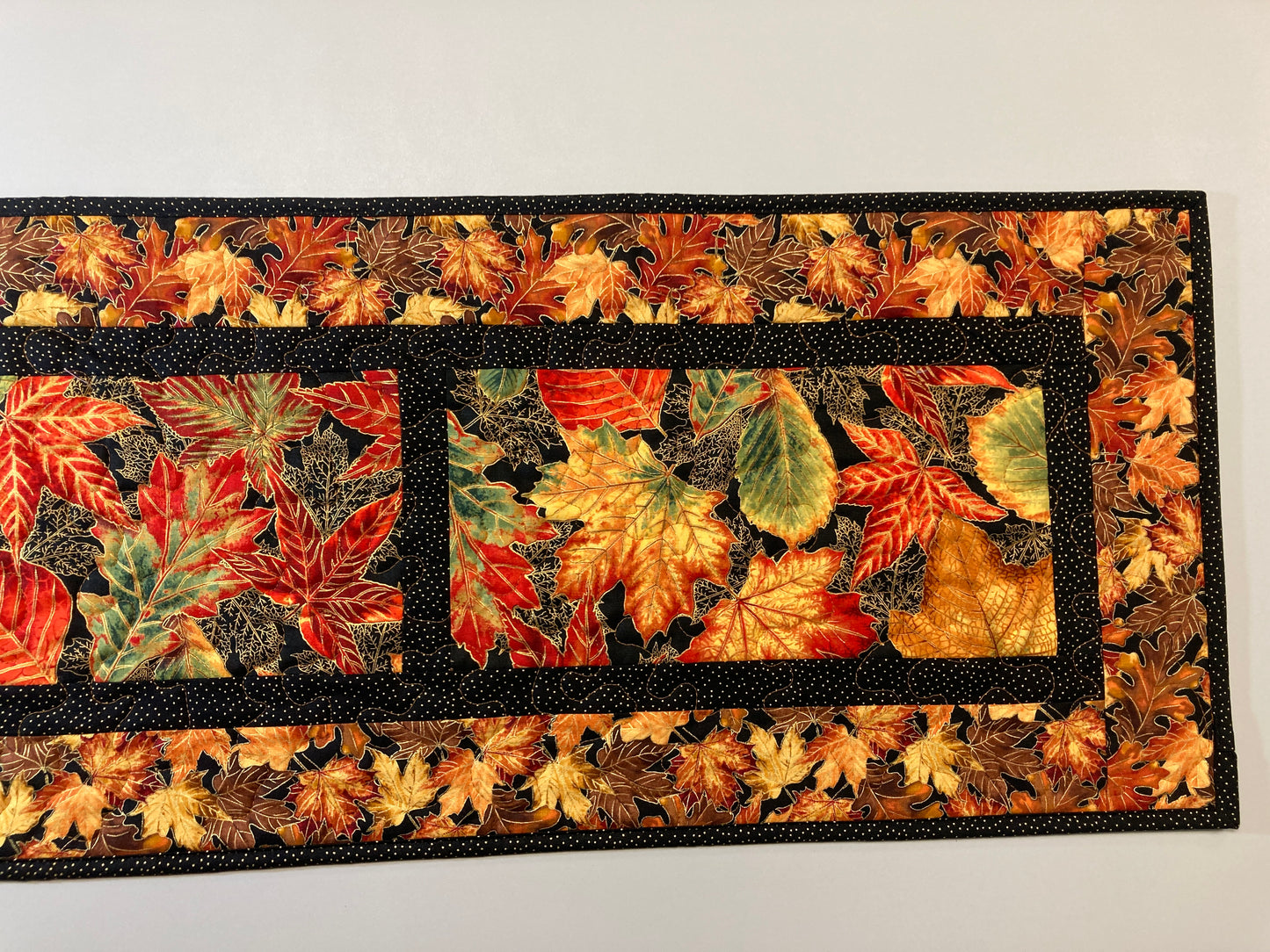Golden Red Fall Leaves Quilted Table Runner, 14x49", Autumn Vibrant Leaf Decor, Coffee Dining Table, Long Thanksgiving Entertaining Handmade
