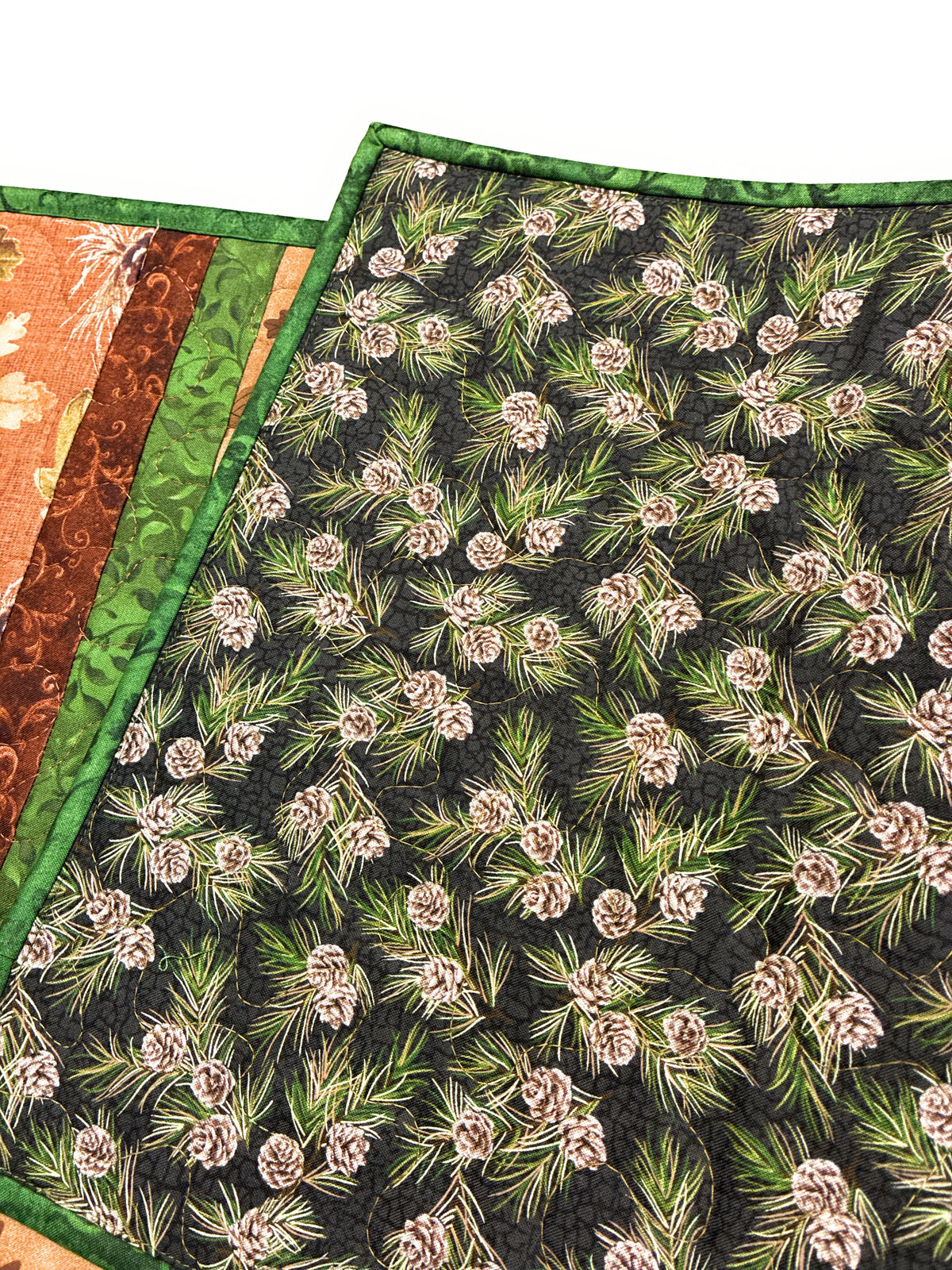 Pine Cones Acorns Leaves Quilted Dining or Coffee Table Runner, 14x54" Reversible Christmas Handmade