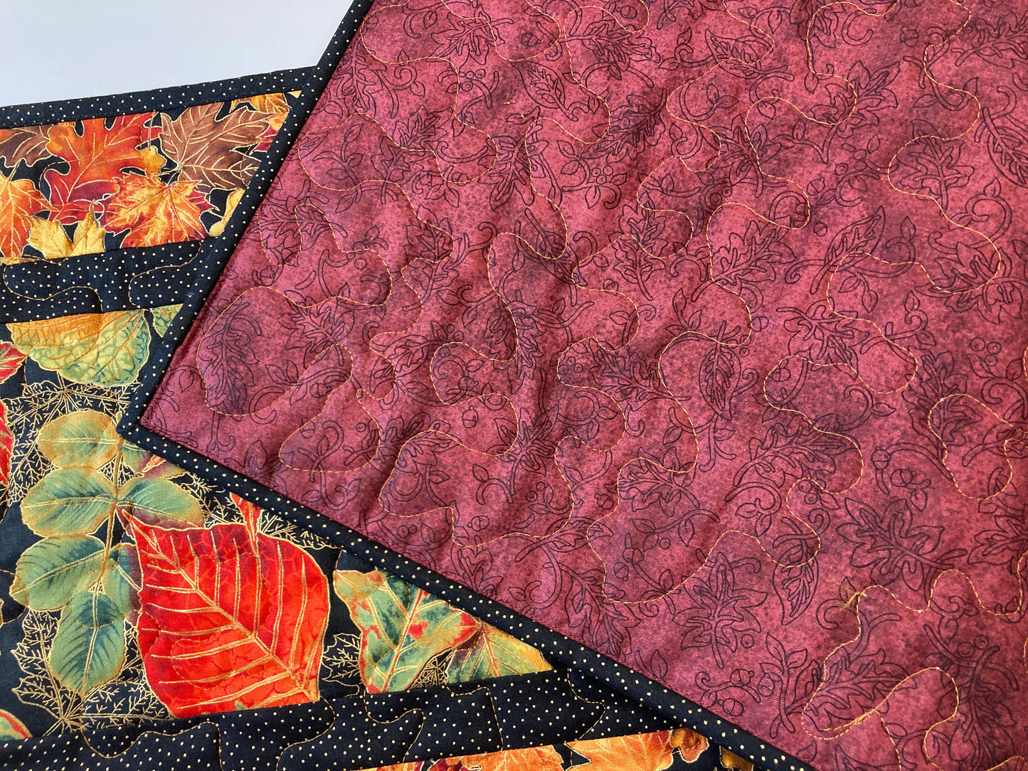 Golden Red Fall Leaves Quilted Table Runner, 14x49", Autumn Vibrant Leaf Decor, Coffee Dining Table, Long Thanksgiving Entertaining Handmade