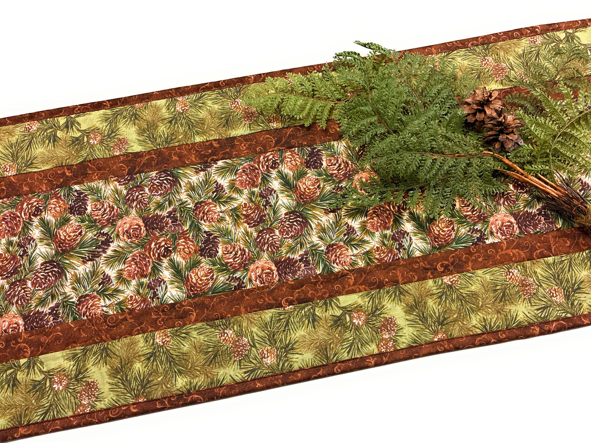Pine Cones Quilted Dining Coffee Table Runner, 13x48" Reversible Fall, Winter Christmas Handmade