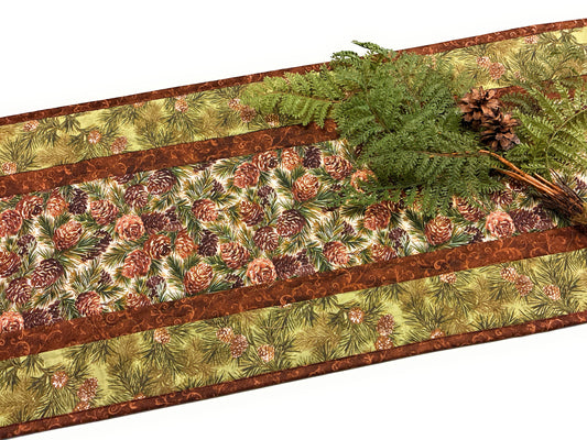 Pine Cones Quilted Dining Coffee Table Runner, 13x48" Reversible Fall, Winter Christmas Handmade