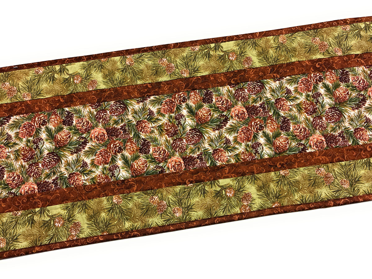 Pine Cones Quilted Dining Coffee Table Runner, 13x48" Reversible Fall, Winter Christmas Handmade