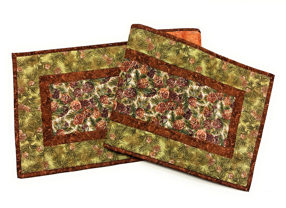 Pine Cones Quilted Dining Coffee Table Runner, 13x48" Reversible Fall, Winter Christmas Handmade