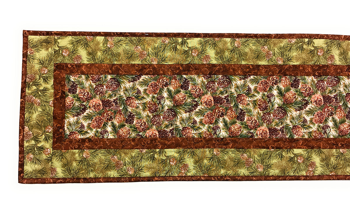 Pine Cones Quilted Dining Coffee Table Runner, 13x48" Reversible Fall, Winter Christmas Handmade
