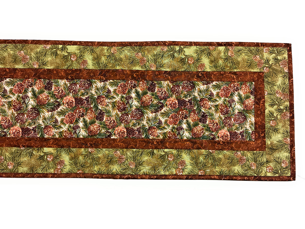 Pine Cones Quilted Dining Coffee Table Runner, 13x48" Reversible Fall, Winter Christmas Handmade