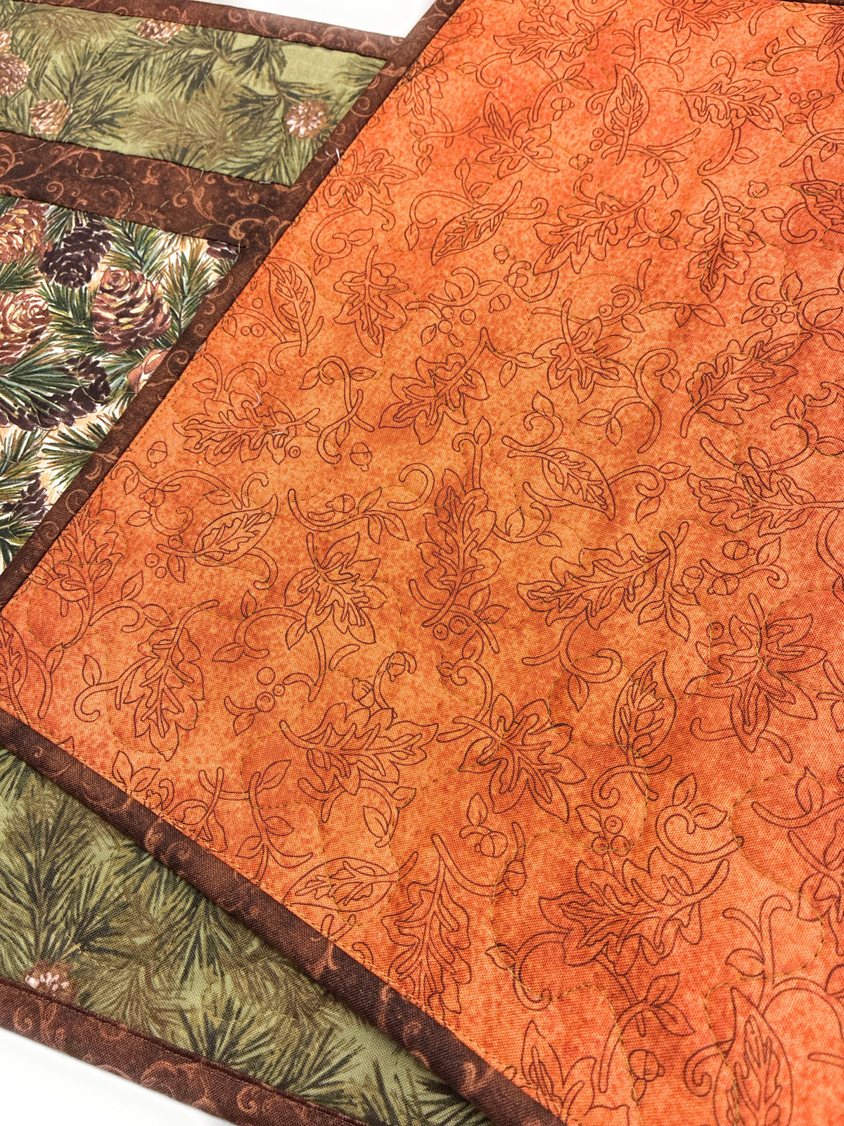 Pine Cones Quilted Dining Coffee Table Runner, 13x48" Reversible Fall, Winter Christmas Handmade