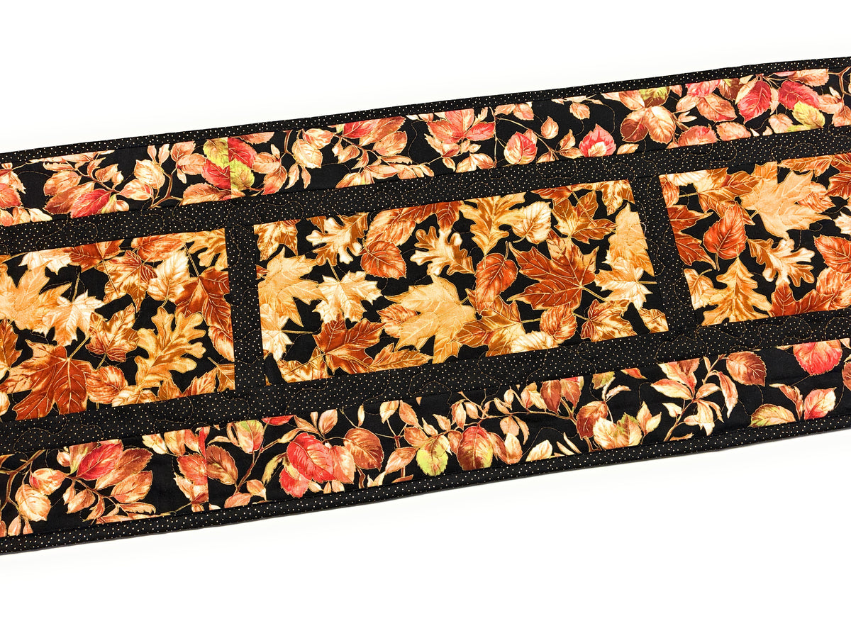 Golden Fall Leaves Quilted Dining Table Runner, 13x48", Autumn Thanksgiving Reversible