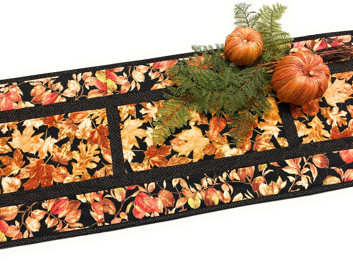 Golden Fall Leaves Quilted Dining Table Runner, 13x48", Autumn Thanksgiving Reversible