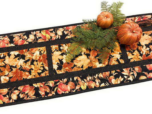 Golden Fall Leaves Quilted Dining Table Runner, 13x48", Autumn Thanksgiving Reversible