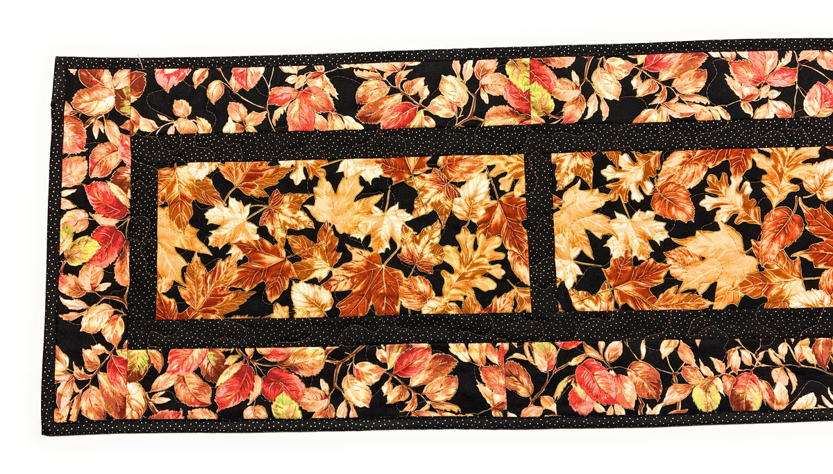 Golden Fall Leaves Quilted Dining Table Runner, 13x48", Autumn Thanksgiving Reversible