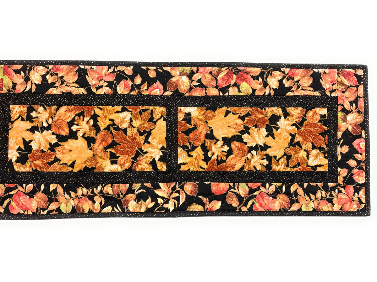 Golden Fall Leaves Quilted Dining Table Runner, 13x48", Autumn Thanksgiving Reversible