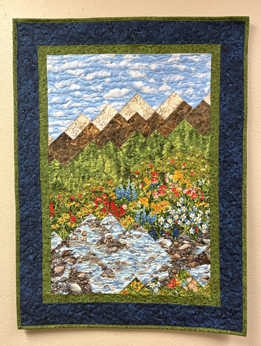 Mountain Flowers Stream Landscape Art Quilt, Scenic Water Tapestry 24x35" Fabric Wall Hanging