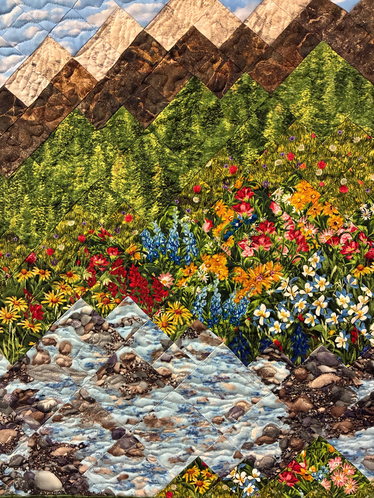 Mountain Flowers Stream Landscape Art Quilt, Scenic Water Tapestry 24x35" Fabric Wall Hanging