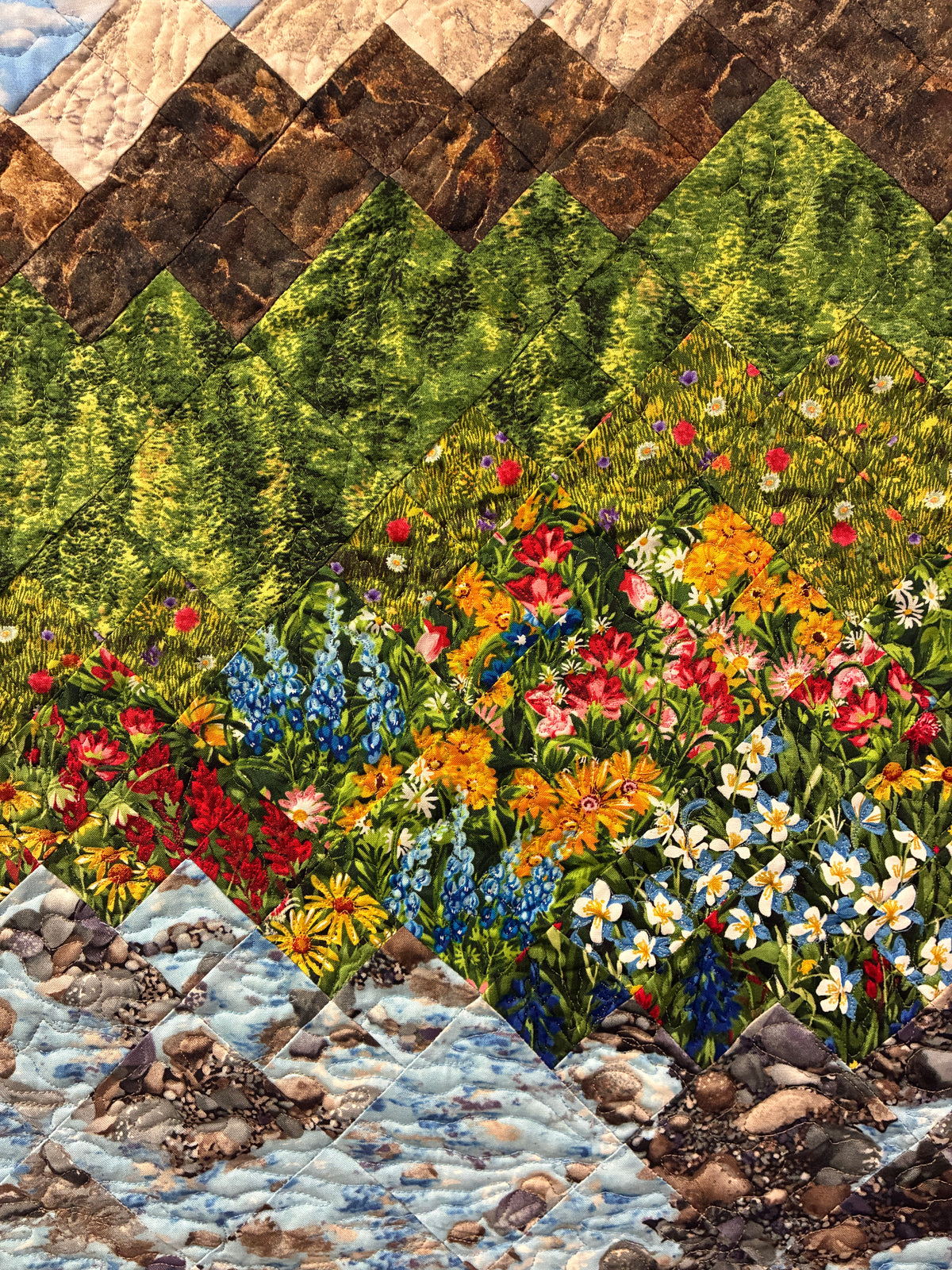 Mountain Flowers Stream Landscape Art Quilt, Scenic Water Tapestry 24x35" Fabric Wall Hanging