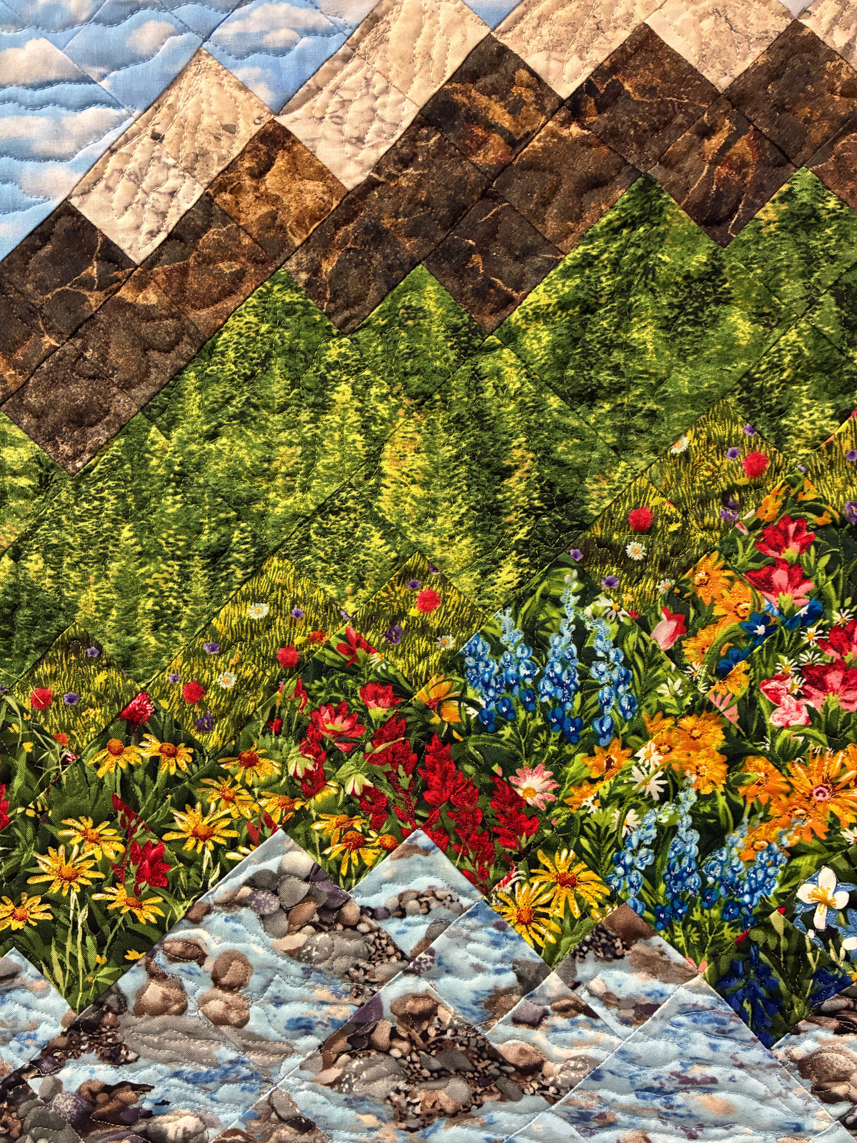 Mountain Flowers Stream Landscape Art Quilt, Scenic Water Tapestry 24x35" Fabric Wall Hanging