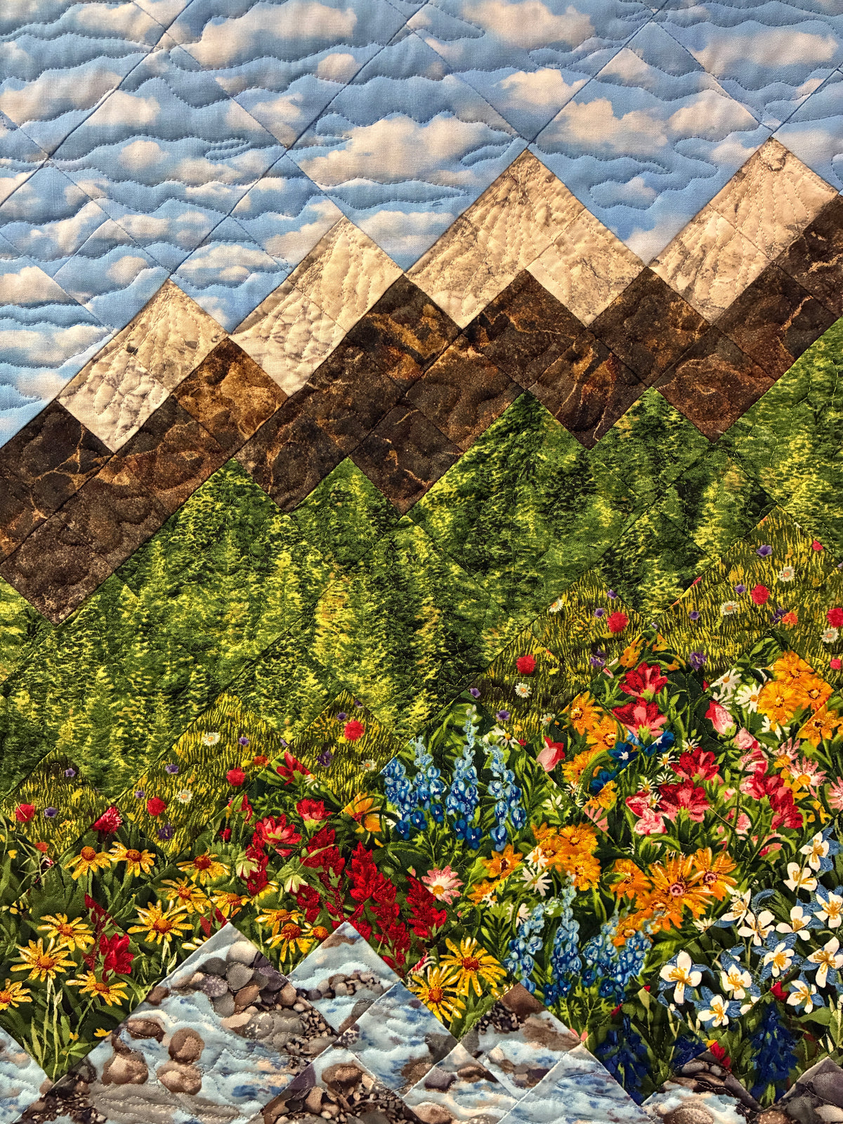 Mountain Flowers Stream Landscape Art Quilt, Scenic Water Tapestry 24x35" Fabric Wall Hanging