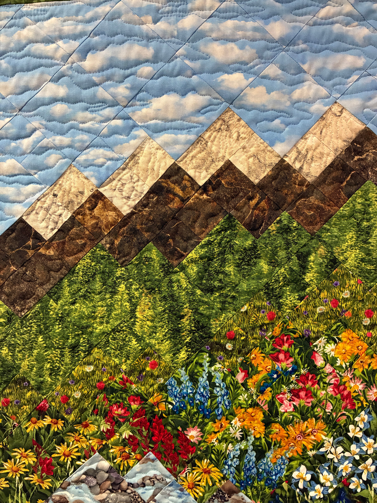 Mountain Flowers Stream Landscape Art Quilt, Scenic Water Tapestry 24x35" Fabric Wall Hanging