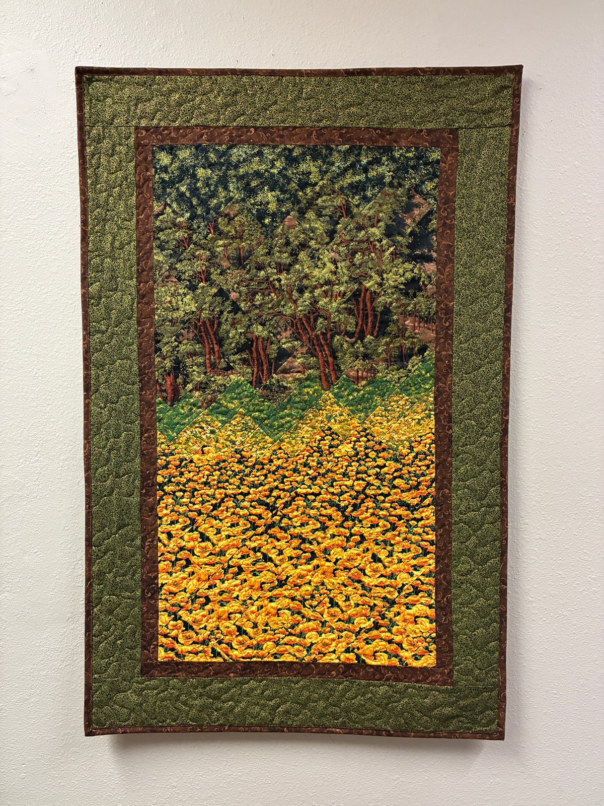 Poppy Fields Tree Forest Art Quilt Fabric Wall Hanging, Landscape Tapestry Home Office Decor, 25x40" Large Vertical Living Room Bedroom