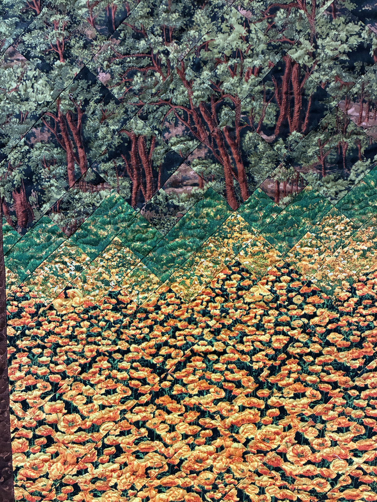 Poppy Fields Tree Forest Art Quilt Fabric Wall Hanging, Landscape Tapestry Home Office Decor, 25x40" Large Vertical Living Room Bedroom