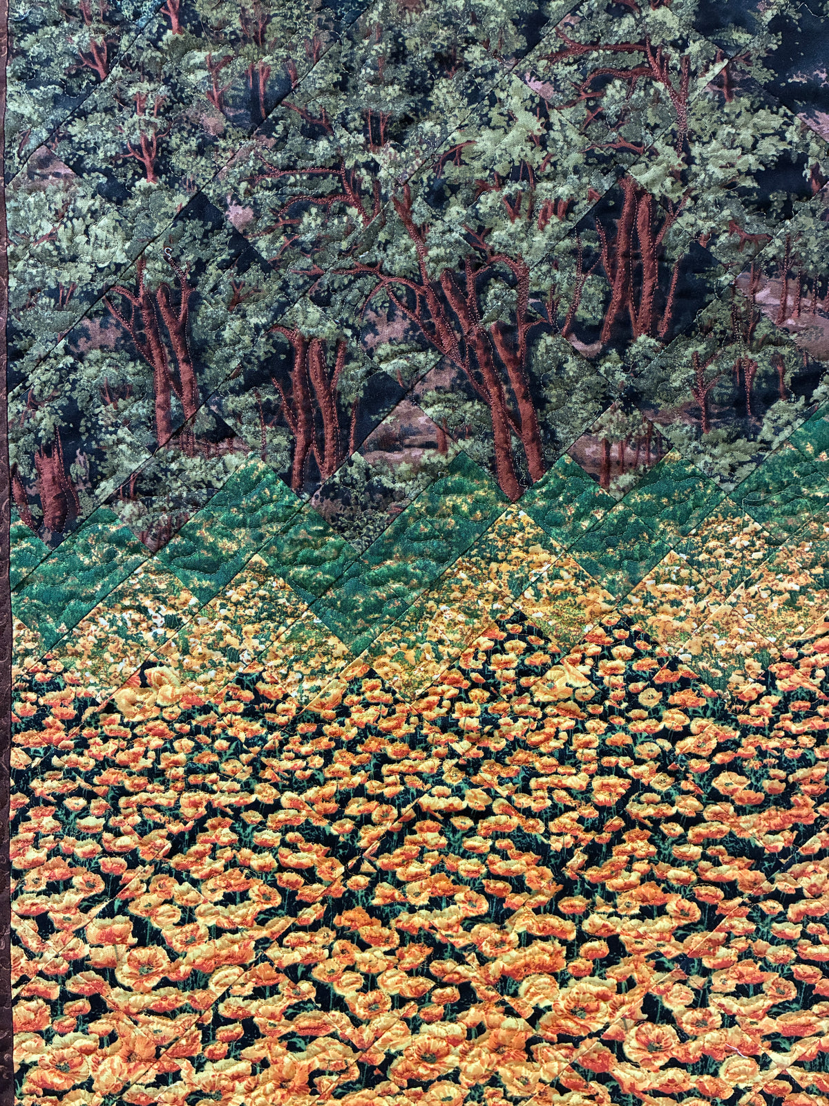 Poppy Fields Tree Forest Art Quilt Fabric Wall Hanging, Landscape Tapestry Home Office Decor, 25x40" Large Vertical Living Room Bedroom