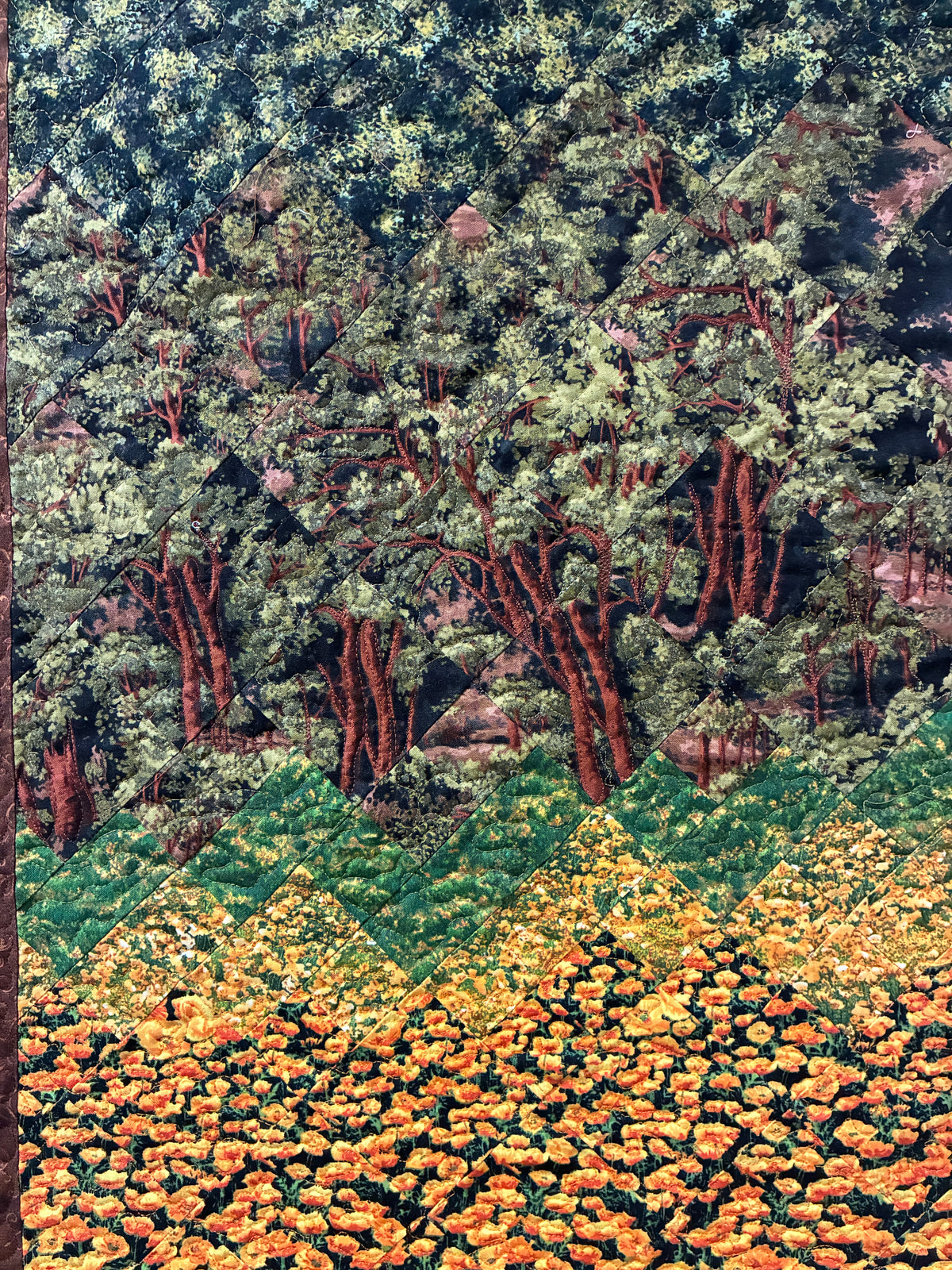 Poppy Fields Tree Forest Art Quilt Fabric Wall Hanging, Landscape Tapestry Home Office Decor, 25x40" Large Vertical Living Room Bedroom