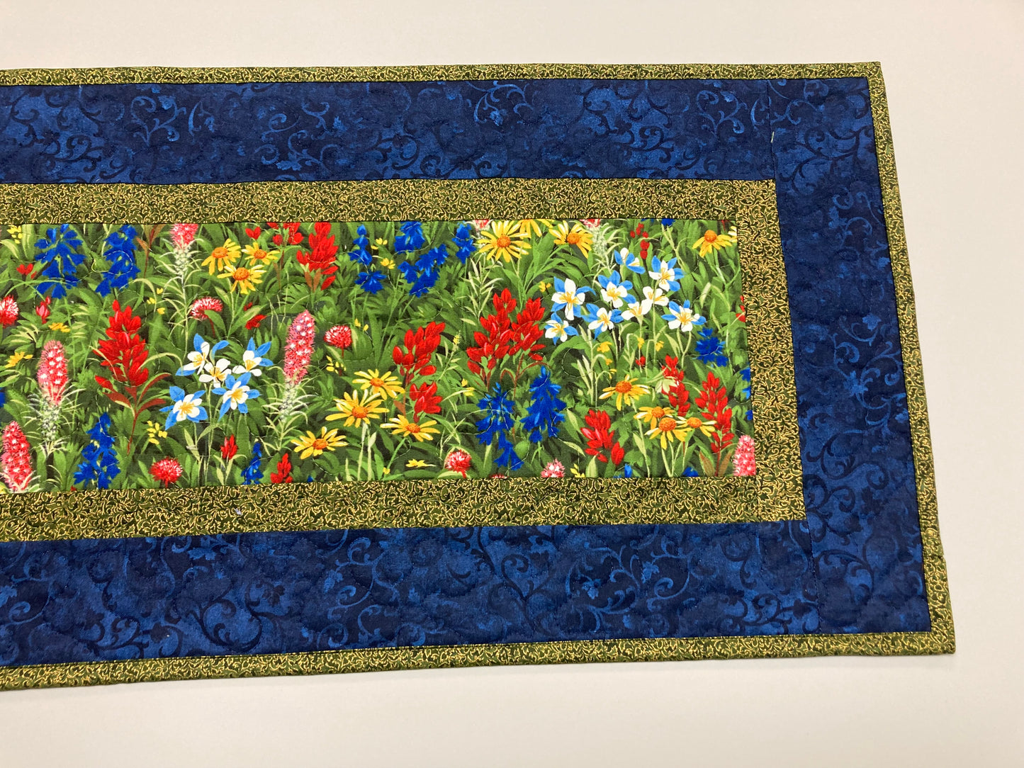 Quilted Table Runner Summer Texas Wildflowers, 13x48" Yellow Red Blue Flowers, Dining Room Coffee Table Runner, Garden Floral Everyday