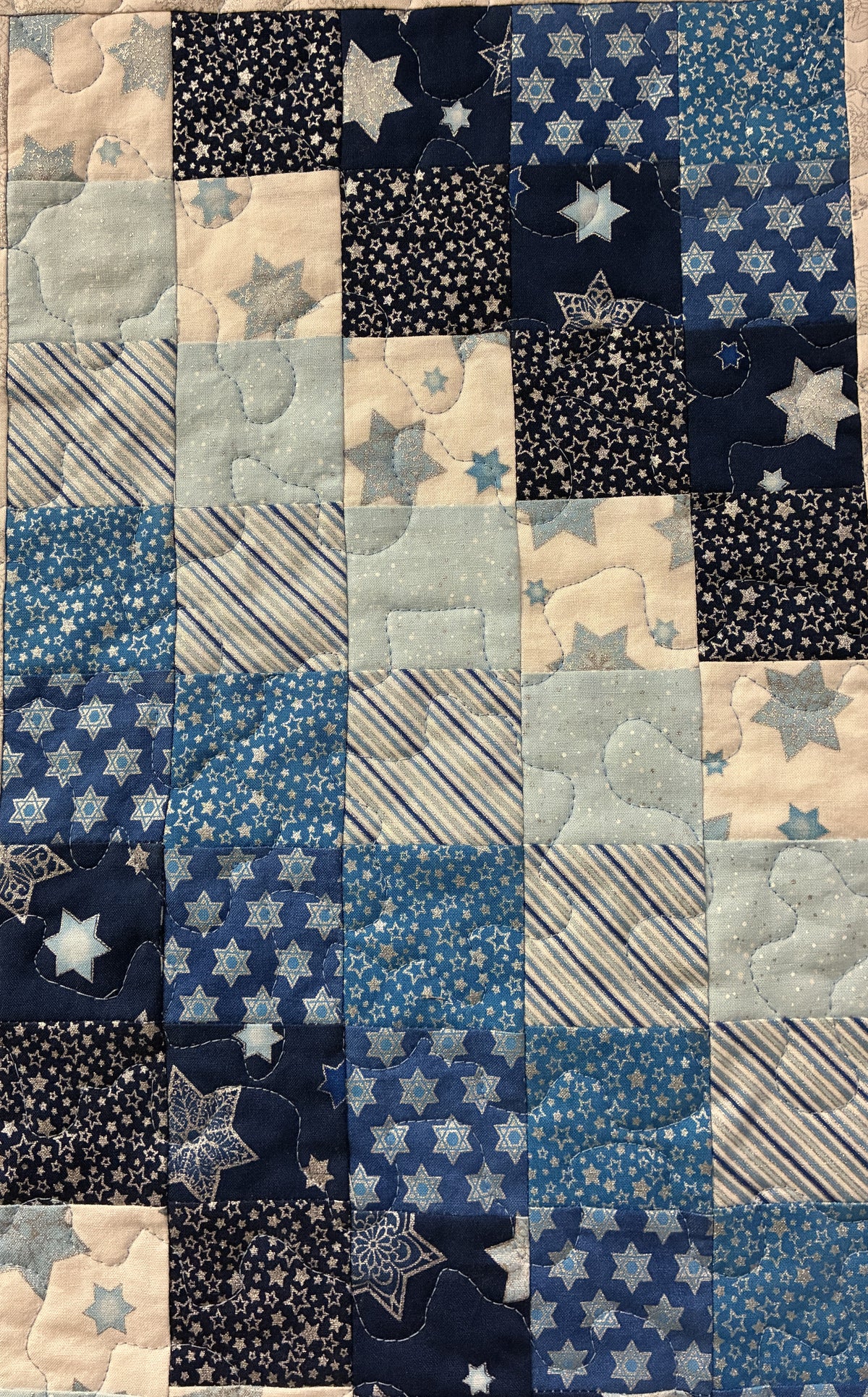 Blue Silver Winter Hanukkah Art Quilt Wall Hanging Table Runner, 17.5x48 Handmade