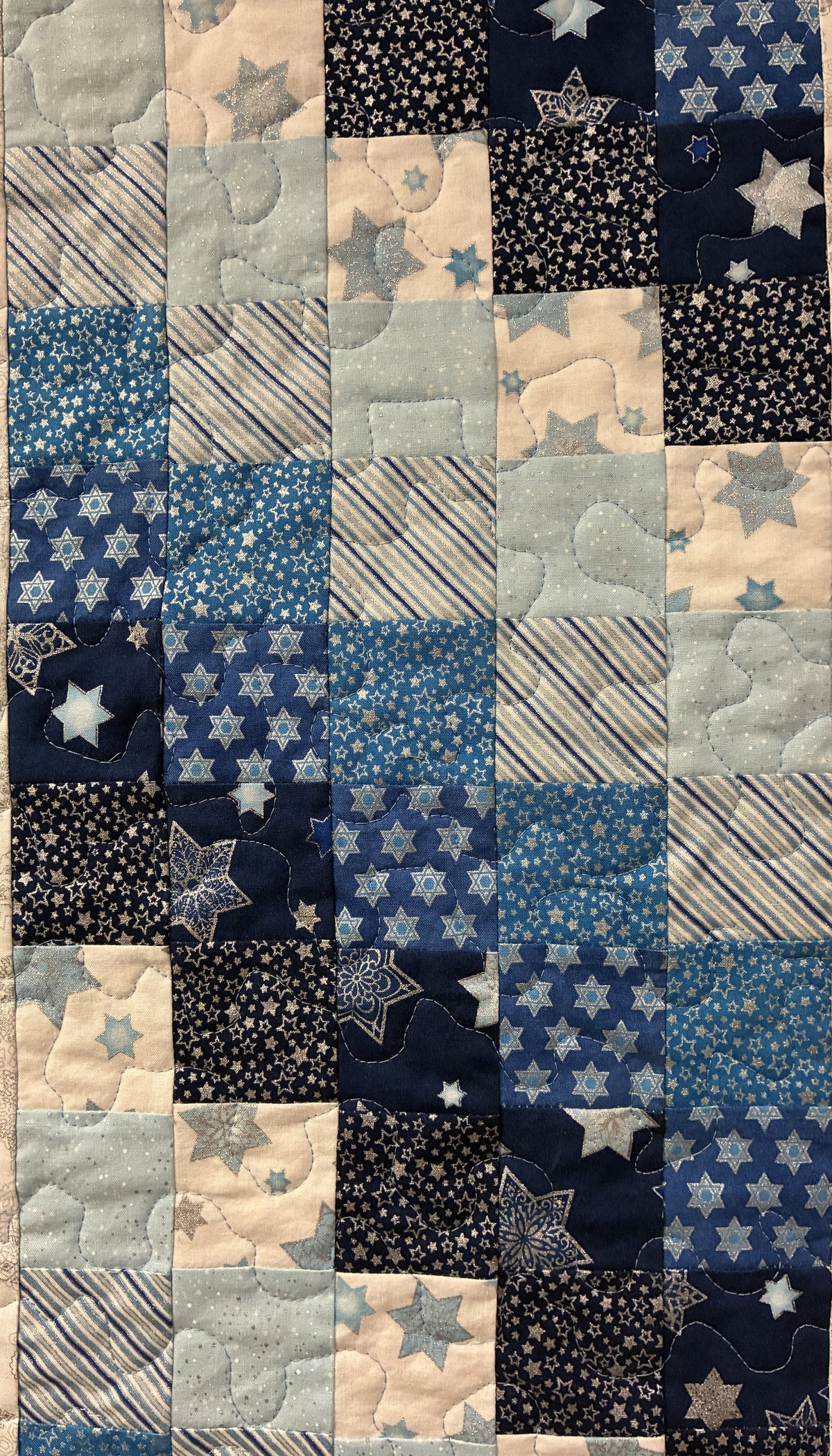 Blue Silver Winter Hanukkah Art Quilt Wall Hanging Table Runner, 17.5x48 Handmade