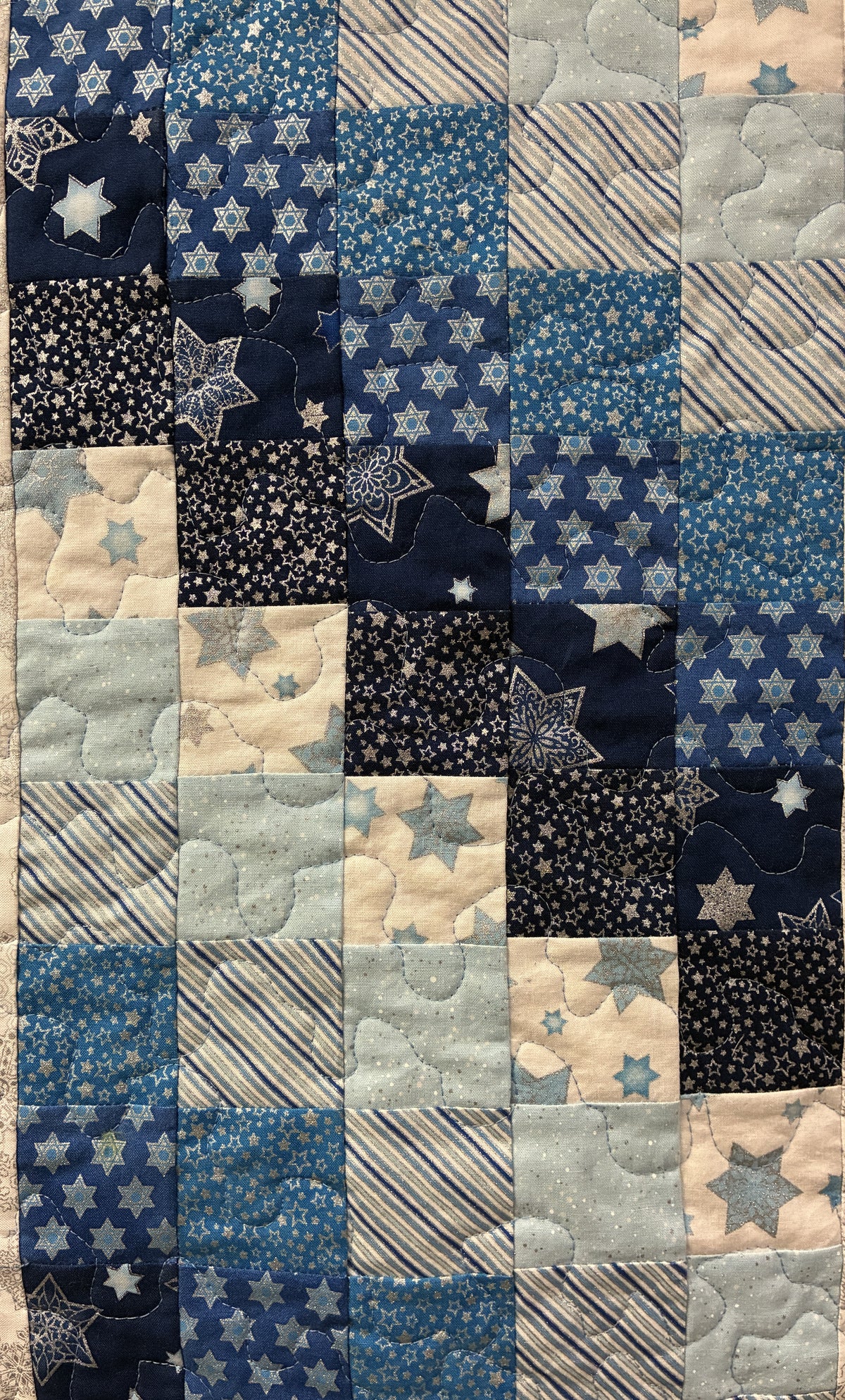 Blue Silver Winter Hanukkah Art Quilt Wall Hanging Table Runner, 17.5x48 Handmade