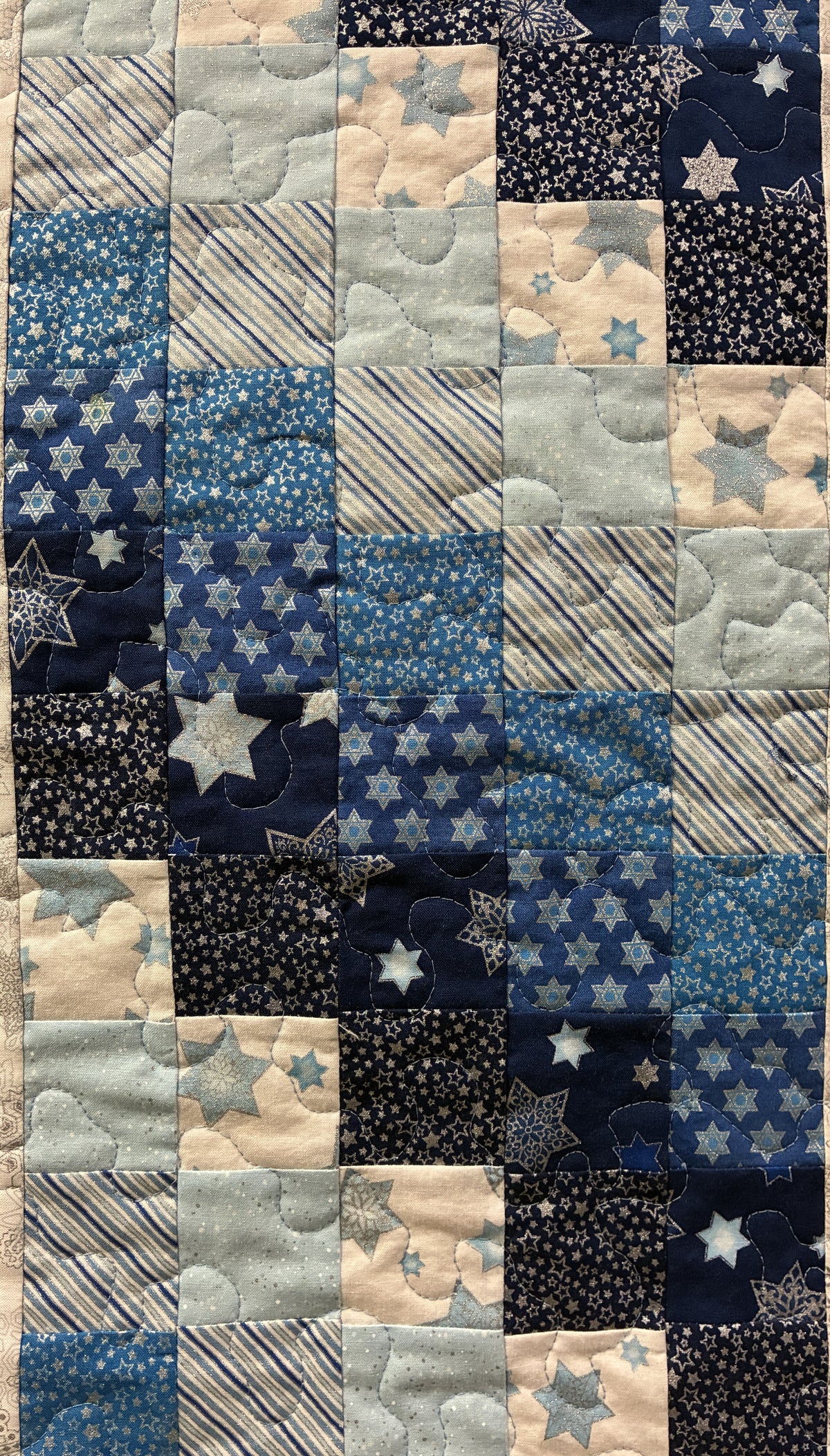 Blue Silver Winter Hanukkah Art Quilt Wall Hanging Table Runner, 17.5x48 Handmade