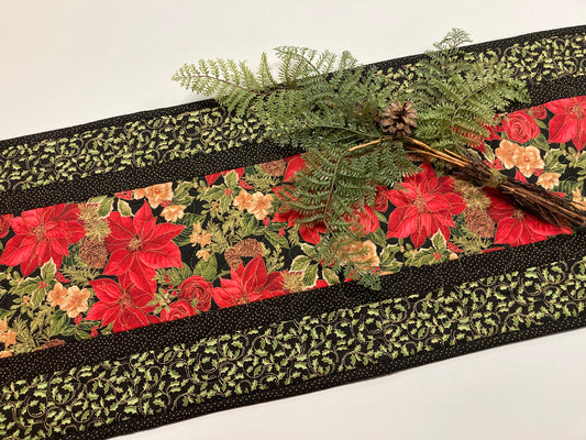 Red Poinsettia Holly Quilted Christmas Table Runner, Flowers Pine Cones, Winter Holiday Dining Coffee Table 13x48" Reversible Fall Leaves
