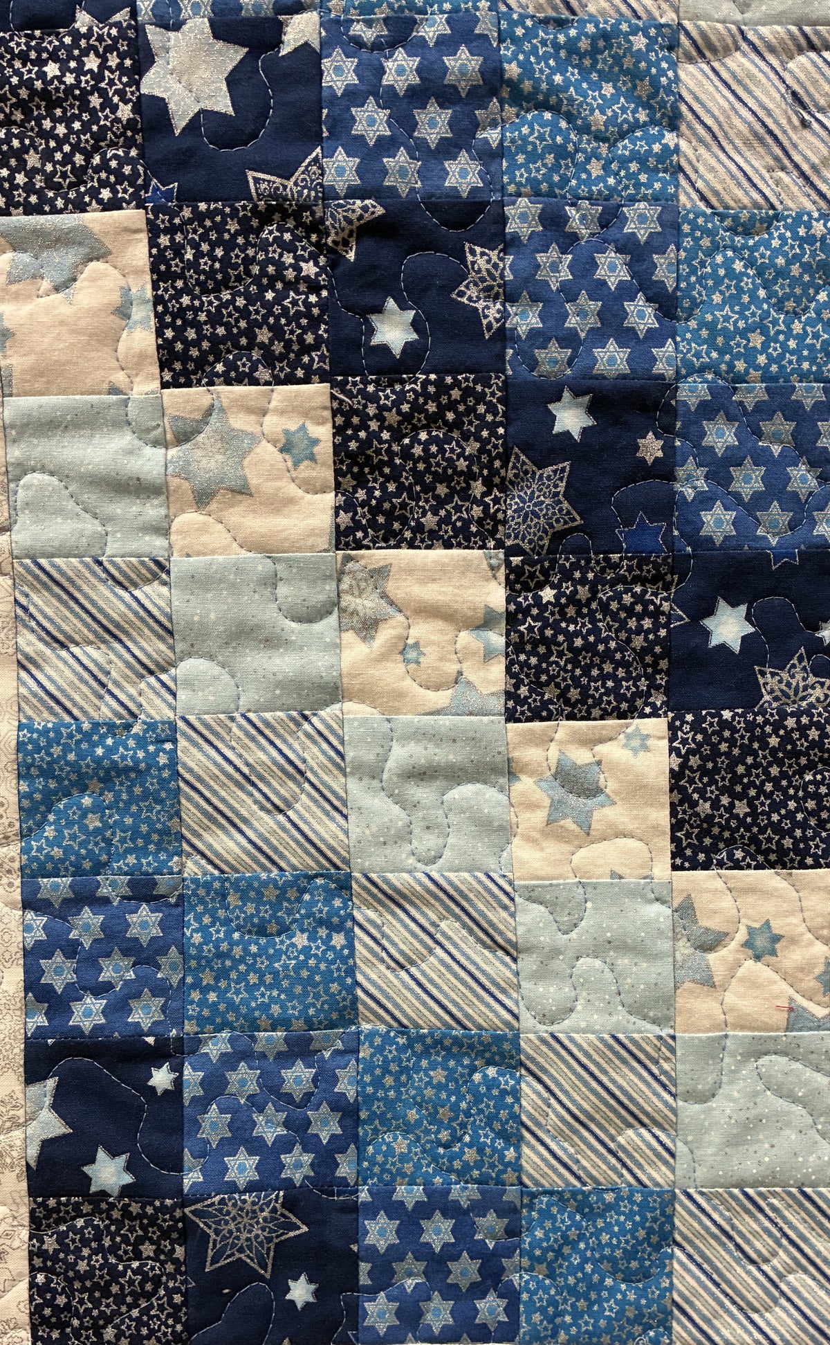 Blue Silver Winter Hanukkah Art Quilt Wall Hanging Table Runner, 17.5x48 Handmade