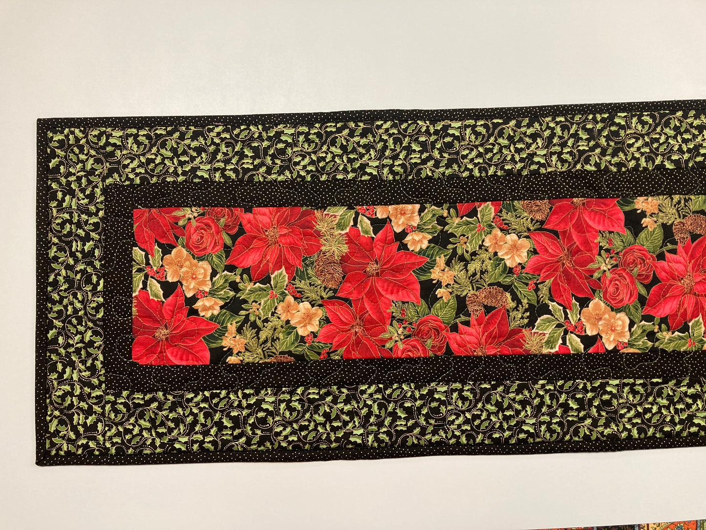 Red Poinsettia Holly Quilted Christmas Table Runner, Flowers Pine Cones, Winter Holiday Dining Coffee Table 13x48" Reversible Fall Leaves