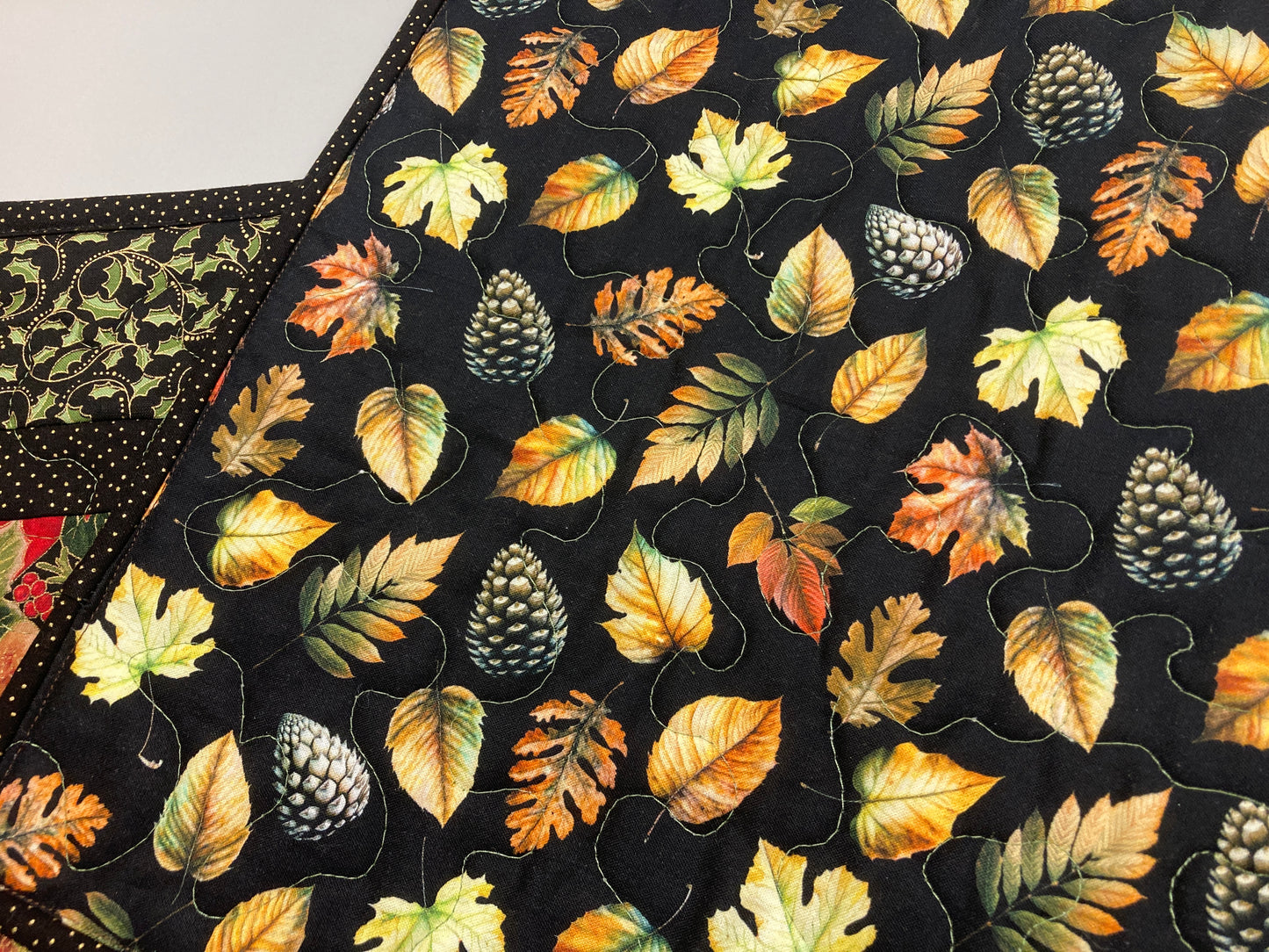 Red Poinsettia Holly Quilted Christmas Table Runner, Flowers Pine Cones, Winter Holiday Dining Coffee Table 13x48" Reversible Fall Leaves