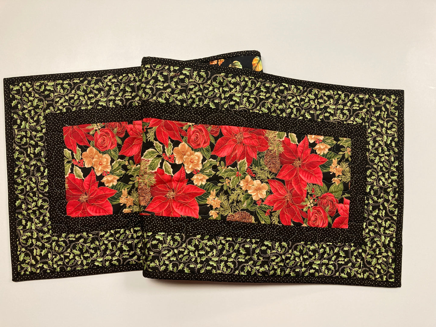 Red Poinsettia Holly Quilted Christmas Table Runner, Flowers Pine Cones, Winter Holiday Dining Coffee Table 13x48" Reversible Fall Leaves