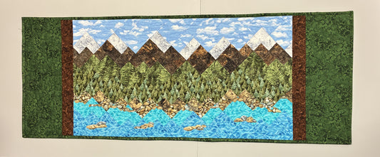 Lake Tahoe Art Quilt Table Runner,  Landscape Scenic Mountain 17x46" Original Handmade