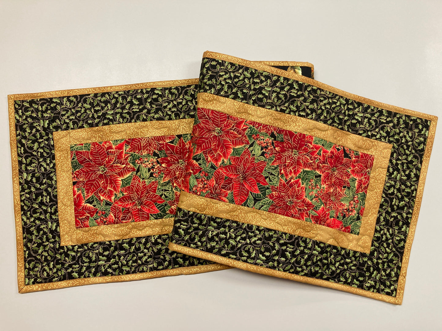 Christmas Holly Poinsettia Quilted Table Runner, Flowers Pine Cones, Winter Holiday Dining Coffee Table 13x48" Reversible Fall Leaves Autumn