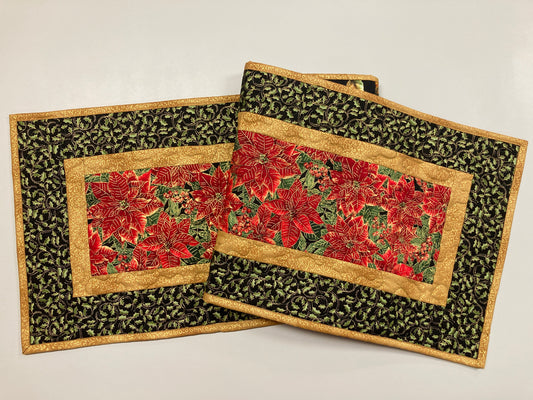 Christmas Holly Poinsettia Quilted Table Runner, Flowers Pine Cones, Winter Holiday Dining Coffee Table 13x48" Reversible Fall Leaves Autumn
