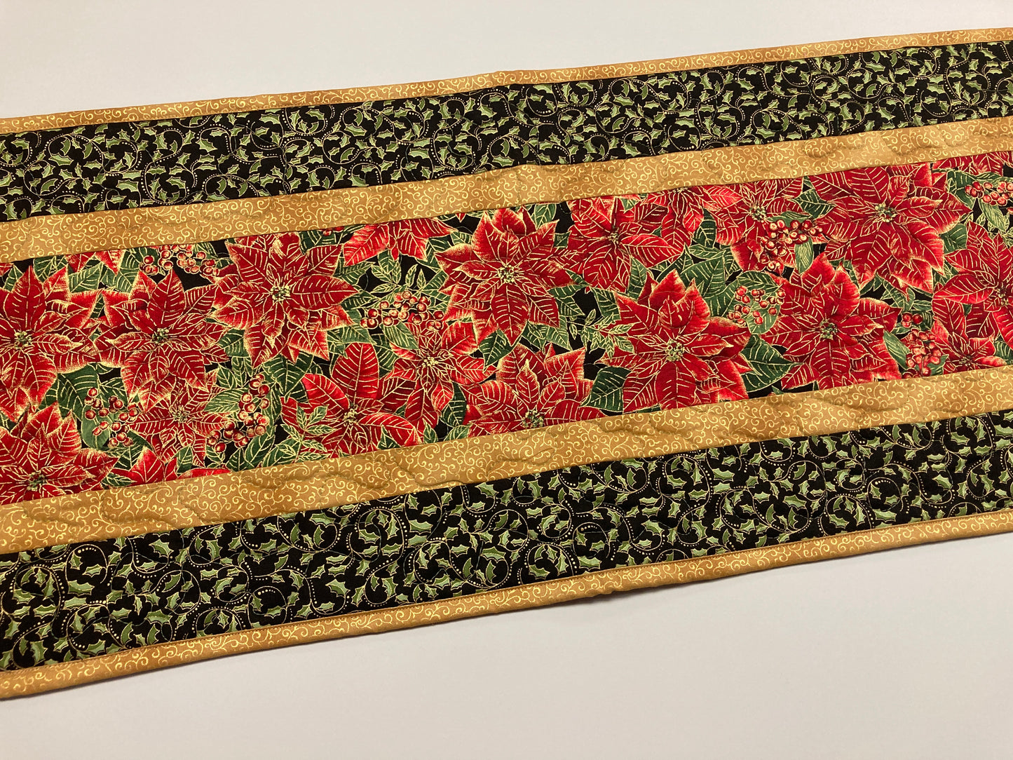 Christmas Holly Poinsettia Quilted Table Runner, Flowers Pine Cones, Winter Holiday Dining Coffee Table 13x48" Reversible Fall Leaves Autumn