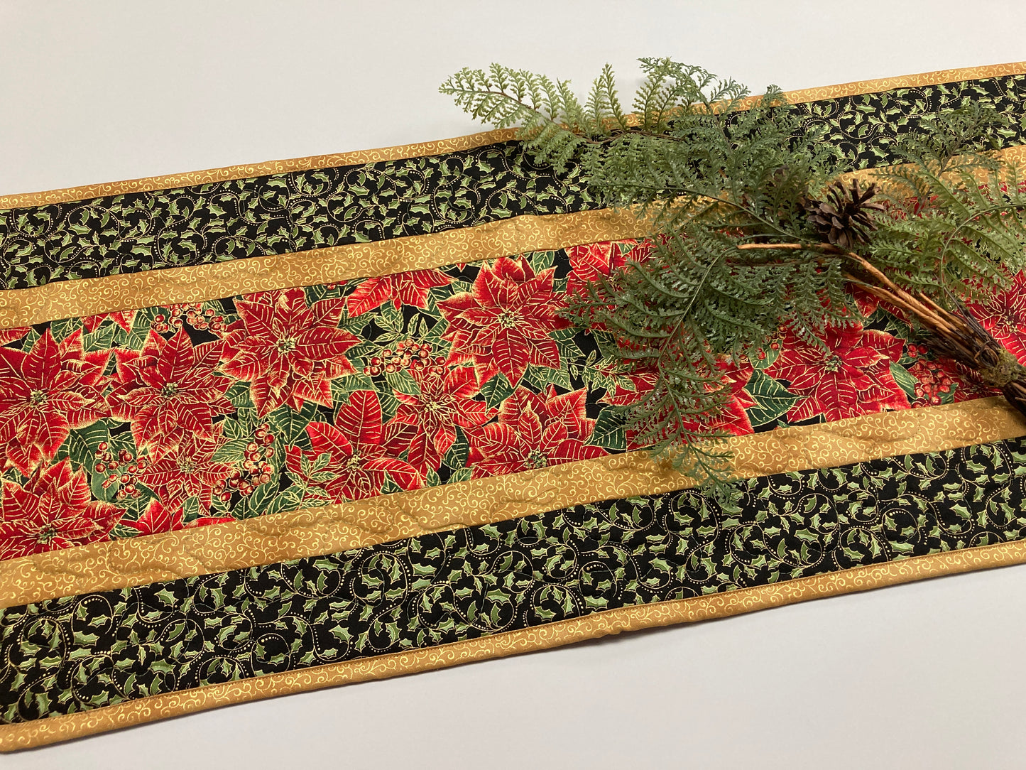 Christmas Holly Poinsettia Quilted Table Runner, Flowers Pine Cones, Winter Holiday Dining Coffee Table 13x48" Reversible Fall Leaves Autumn