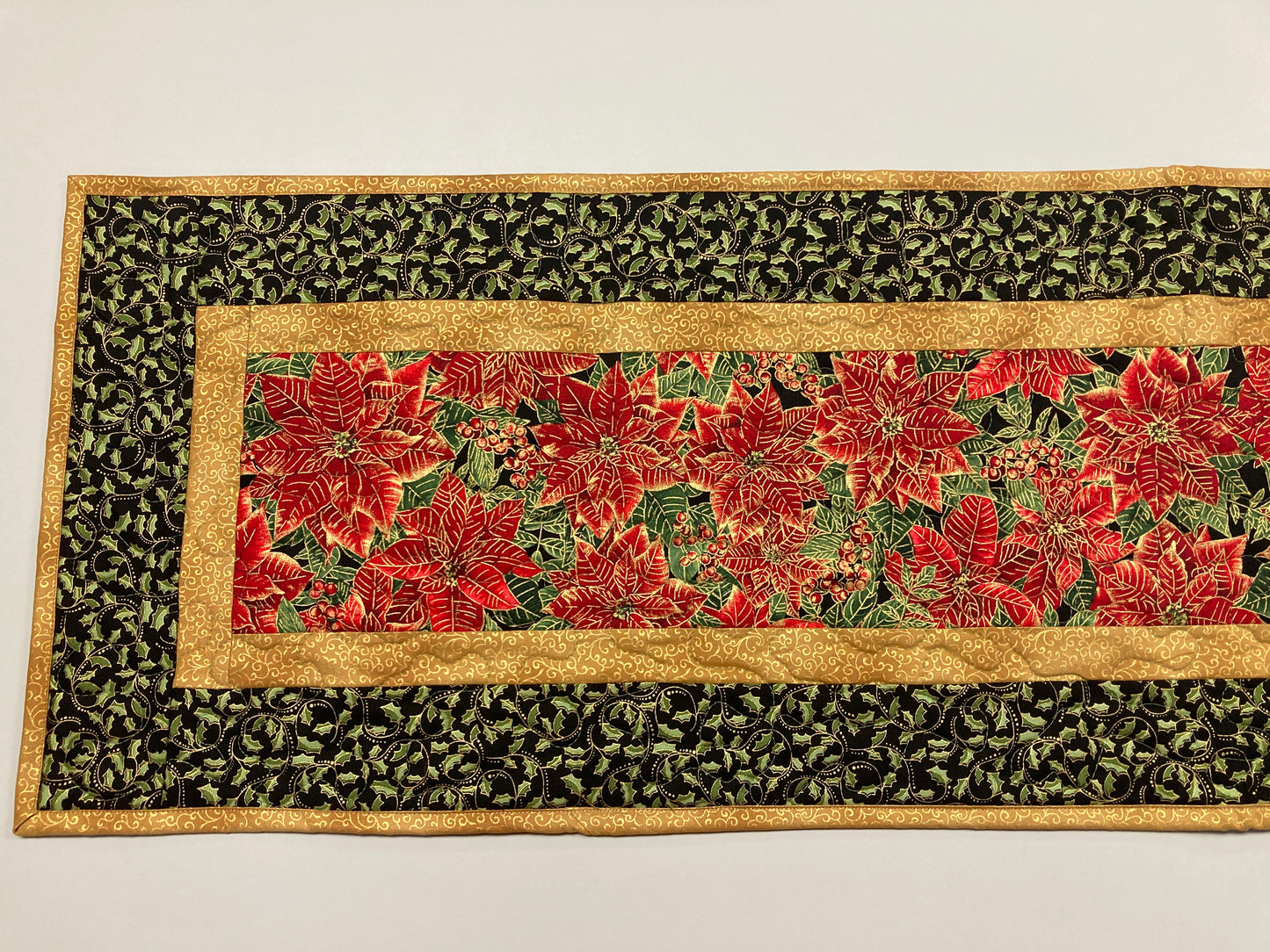 Christmas Holly Poinsettia Quilted Table Runner, Flowers Pine Cones, Winter Holiday Dining Coffee Table 13x48" Reversible Fall Leaves Autumn