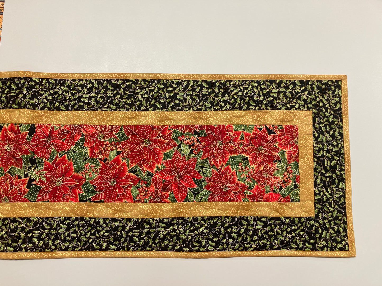 Christmas Holly Poinsettia Quilted Table Runner, Flowers Pine Cones, Winter Holiday Dining Coffee Table 13x48" Reversible Fall Leaves Autumn