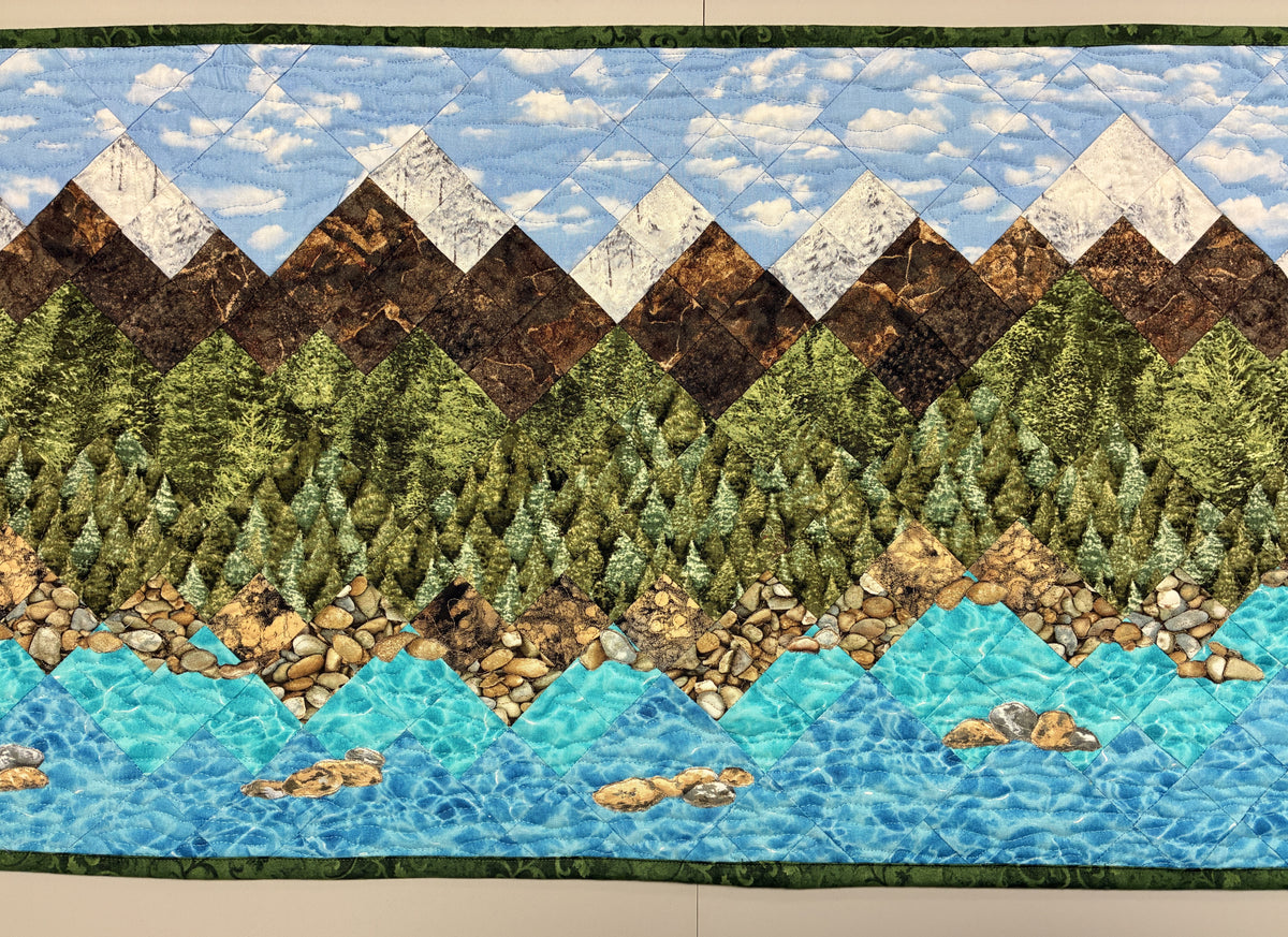 Lake Tahoe Art Quilt Table Runner,  Landscape Scenic Mountain 17x46" Original Handmade